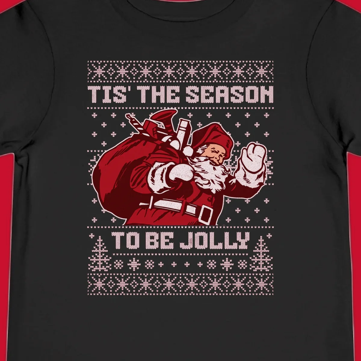 Santa Claus with gift bag and 'Tis The Season To Be Jolly' text on an ugly sweater background.
