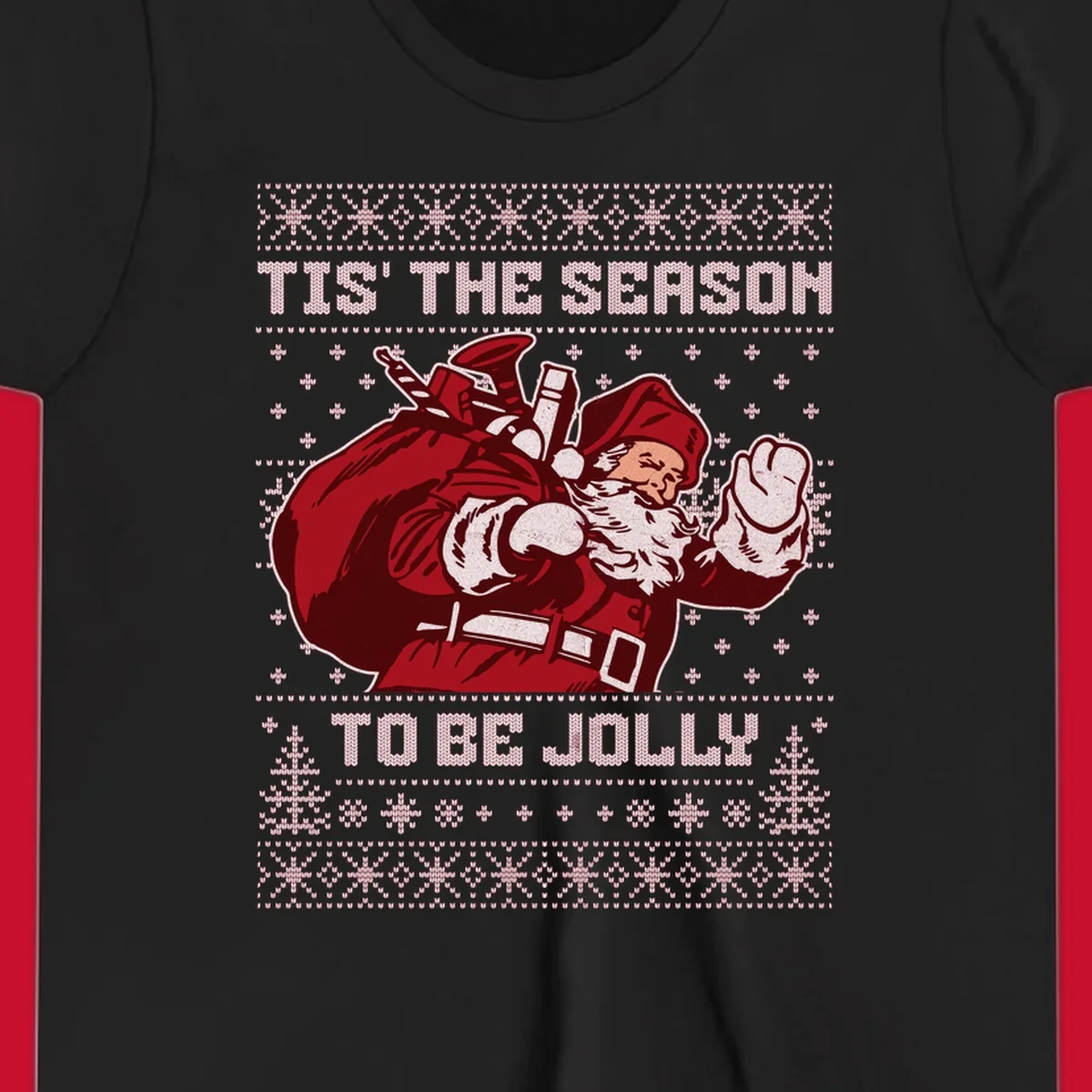 Santa Claus with gift bag and 'Tis The Season To Be Jolly' text on an ugly sweater background.