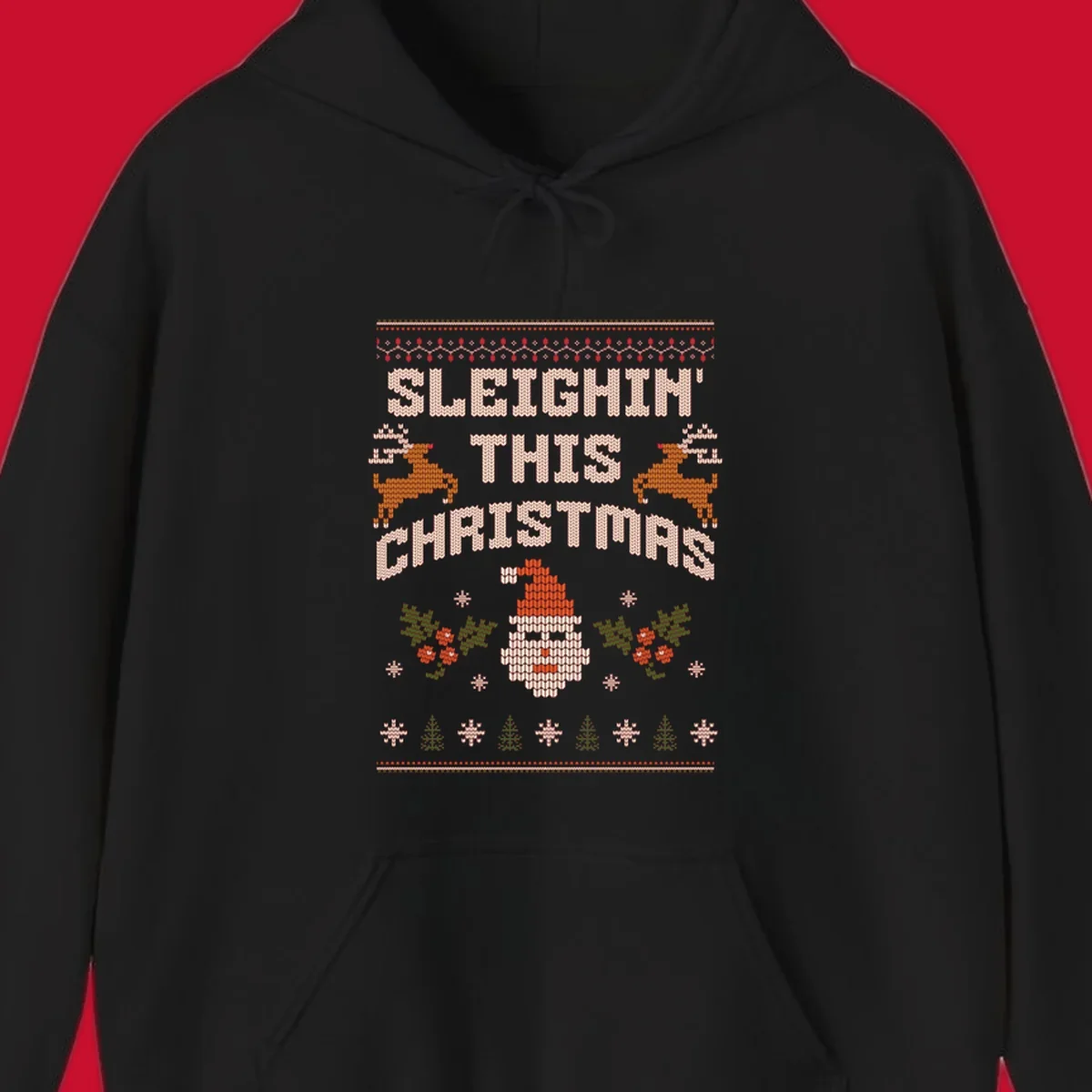 Sleighin' This Christmas ugly holiday sweater design with Santa, reindeer, and text.