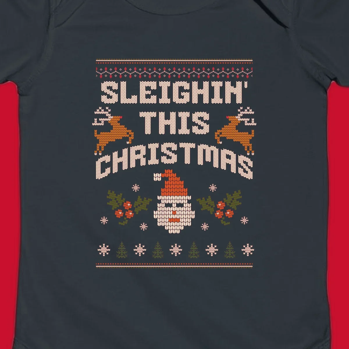Sleighin' This Christmas ugly holiday sweater design with Santa, reindeer, and text.