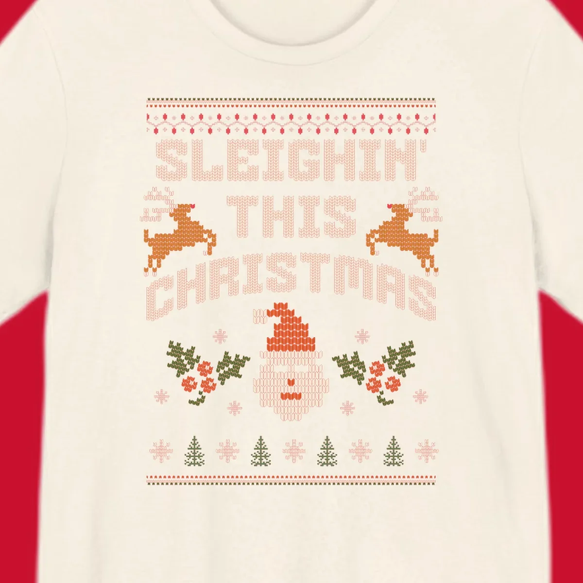 Sleighin' This Christmas ugly holiday sweater design with Santa, reindeer, and text.