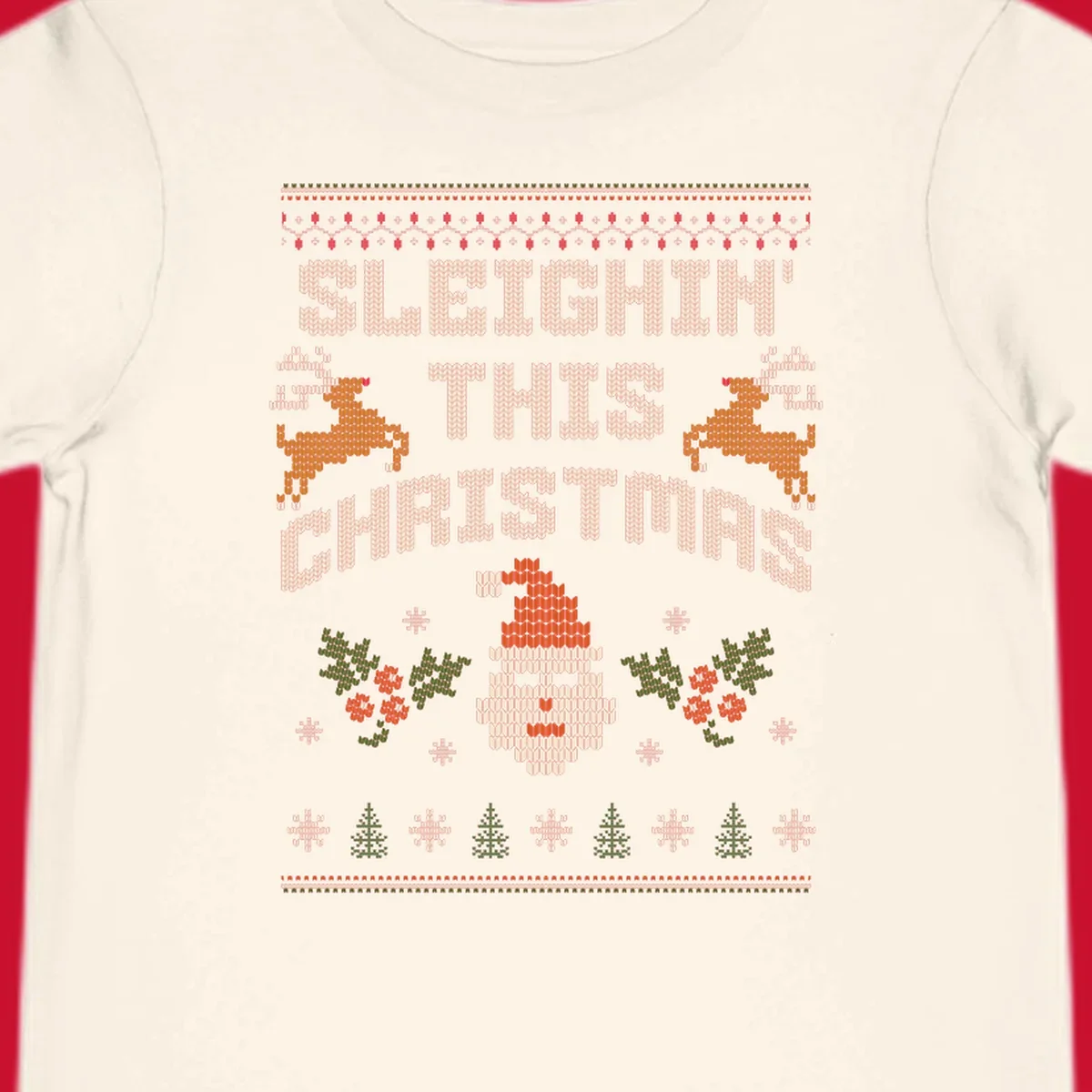 Sleighin' This Christmas ugly holiday sweater design with Santa, reindeer, and text.
