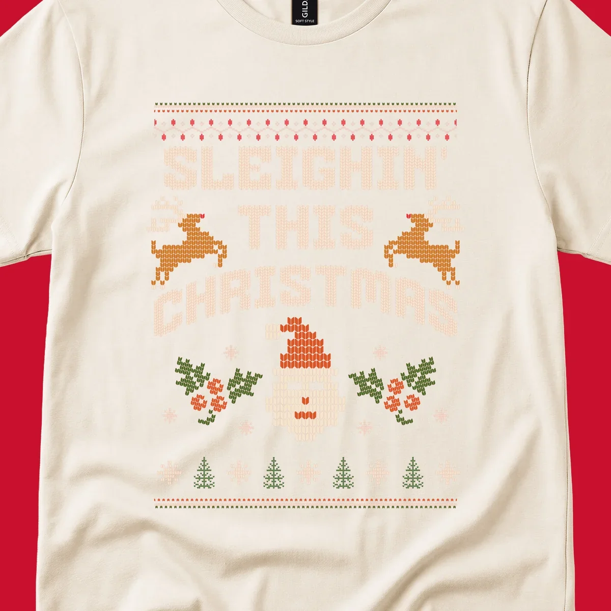 Sleighin' This Christmas ugly holiday sweater design with Santa, reindeer, and text.