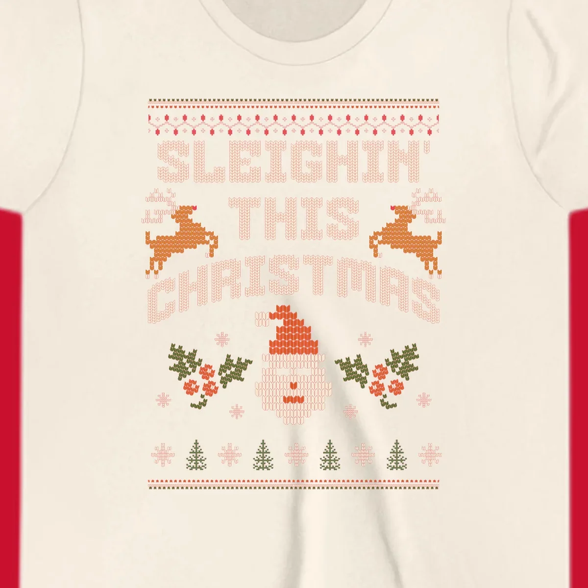 Sleighin' This Christmas ugly holiday sweater design with Santa, reindeer, and text.
