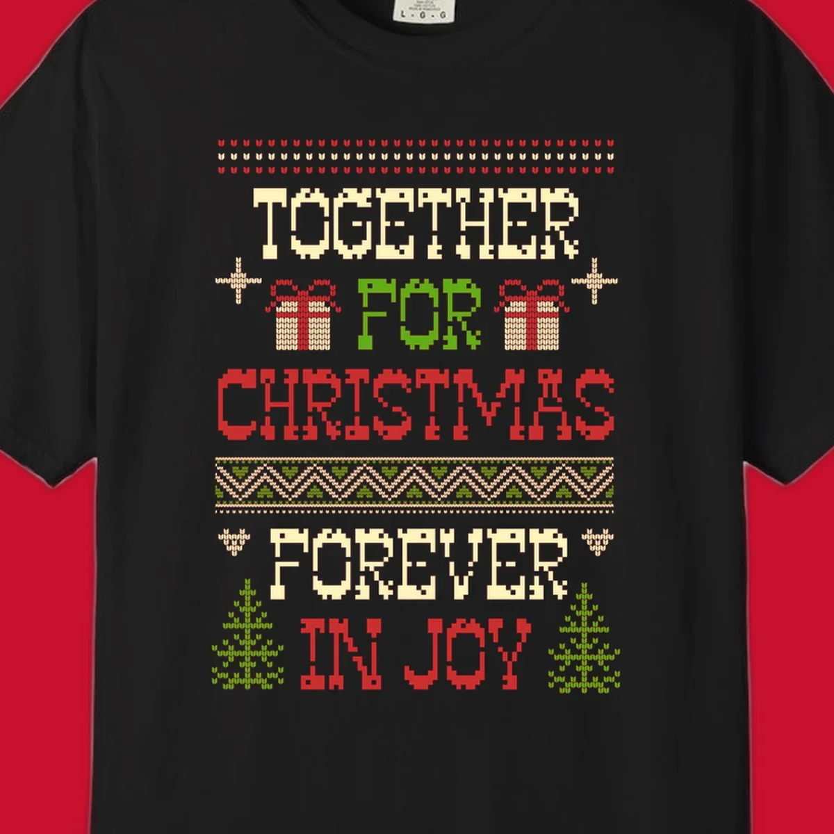 Ugly Christmas sweater style text design with phrases TOGETHER FOR CHRISTMAS FOREVER IN JOY, gift boxes, and trees.