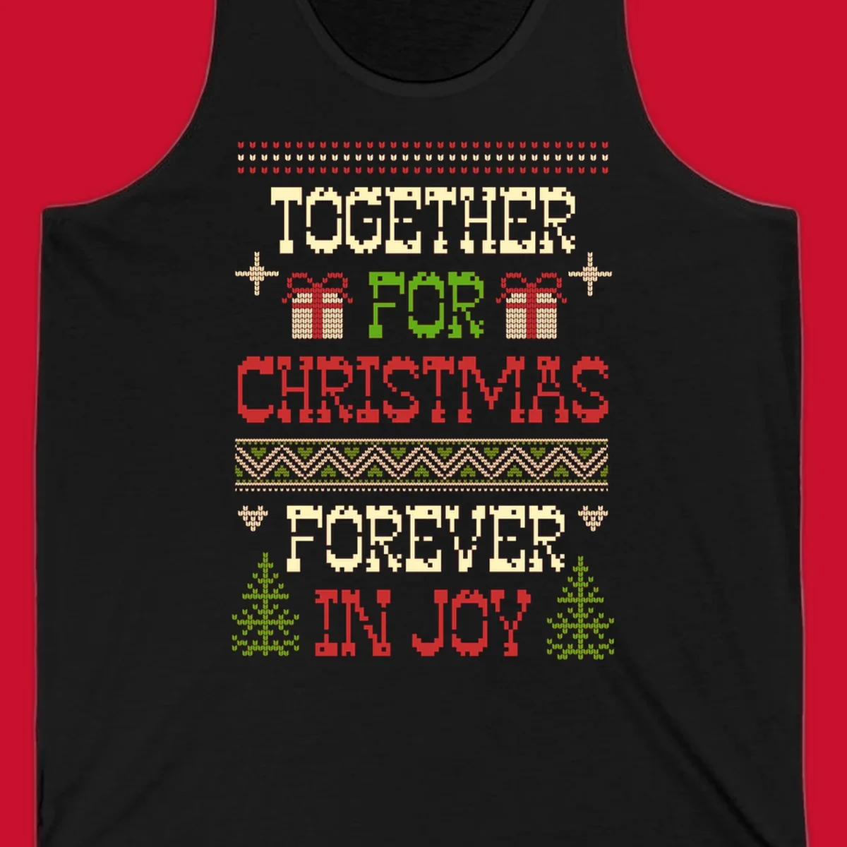 Ugly Christmas sweater style text design with phrases TOGETHER FOR CHRISTMAS FOREVER IN JOY, gift boxes, and trees.
