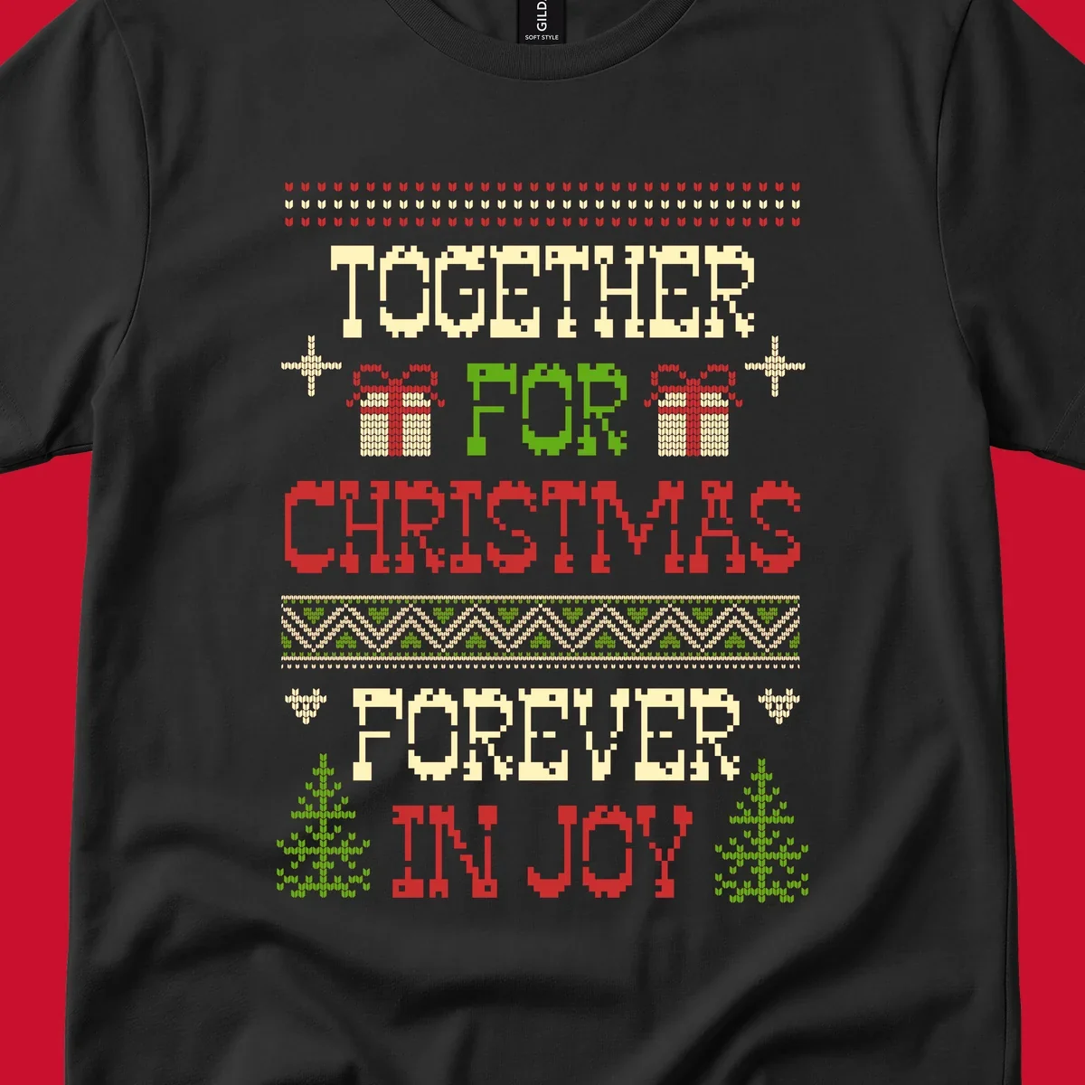Ugly Christmas sweater style text design with phrases TOGETHER FOR CHRISTMAS FOREVER IN JOY, gift boxes, and trees.