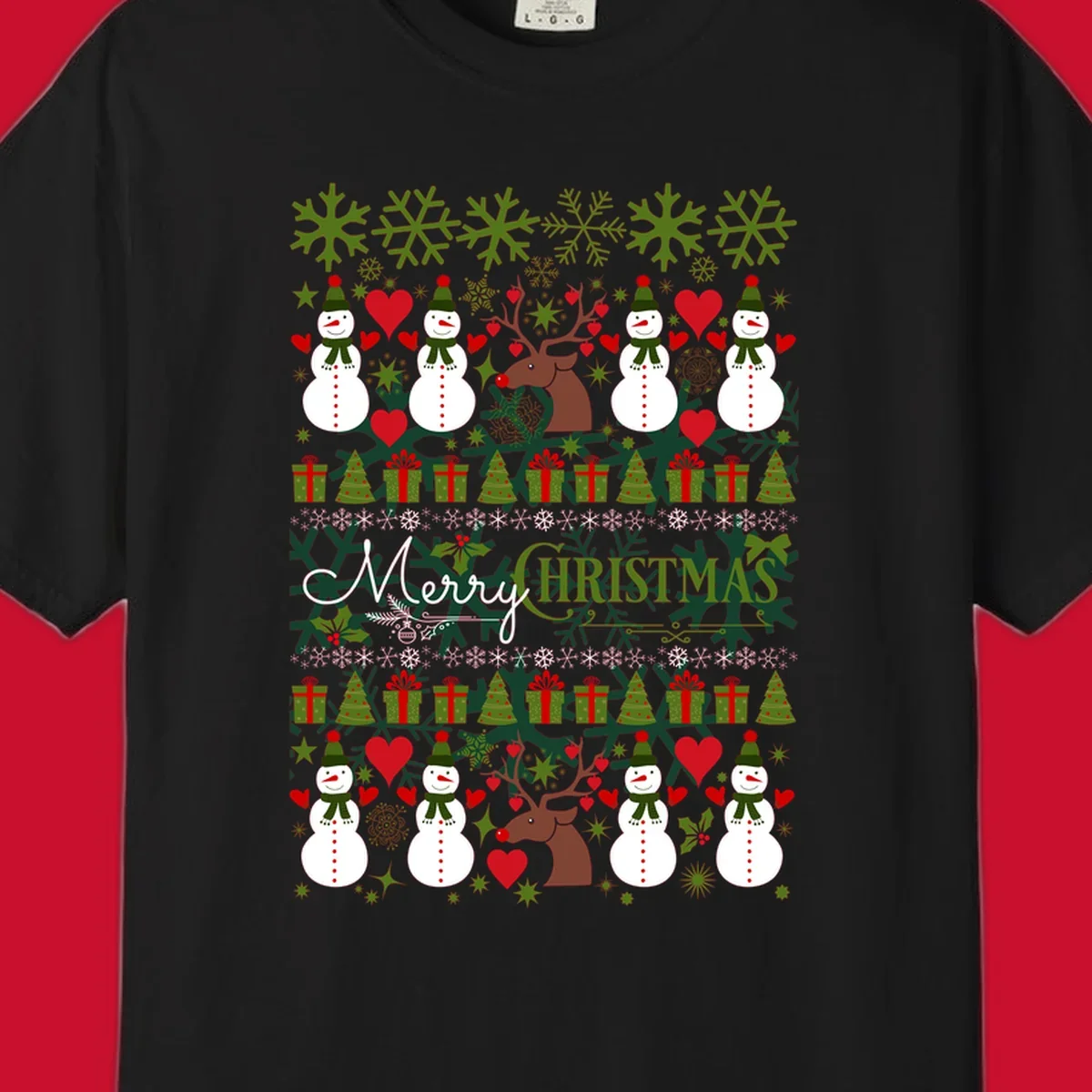Ugly Christmas snowman and reindeer pattern with Merry Christmas text.