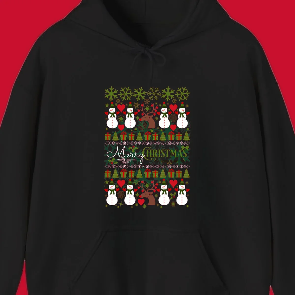 Ugly Christmas snowman and reindeer pattern with Merry Christmas text.