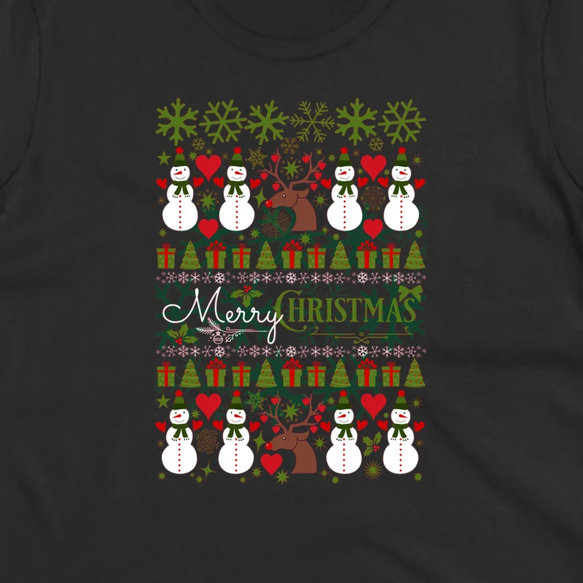 Ugly Christmas snowman and reindeer pattern with Merry Christmas text.