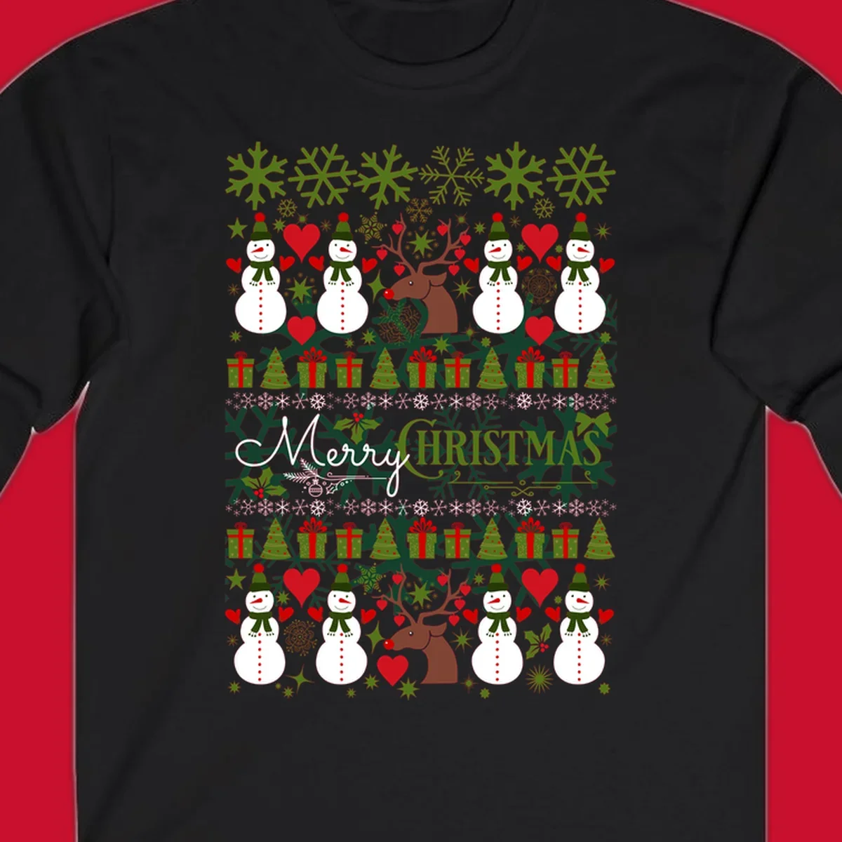 Ugly Christmas snowman and reindeer pattern with Merry Christmas text.
