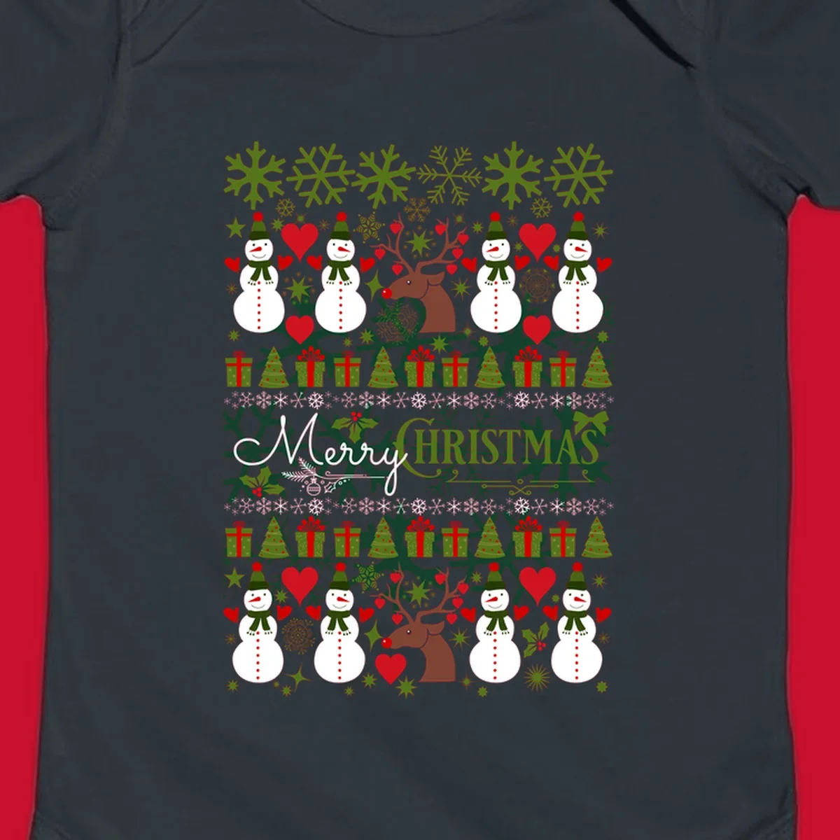 Ugly Christmas snowman and reindeer pattern with Merry Christmas text.