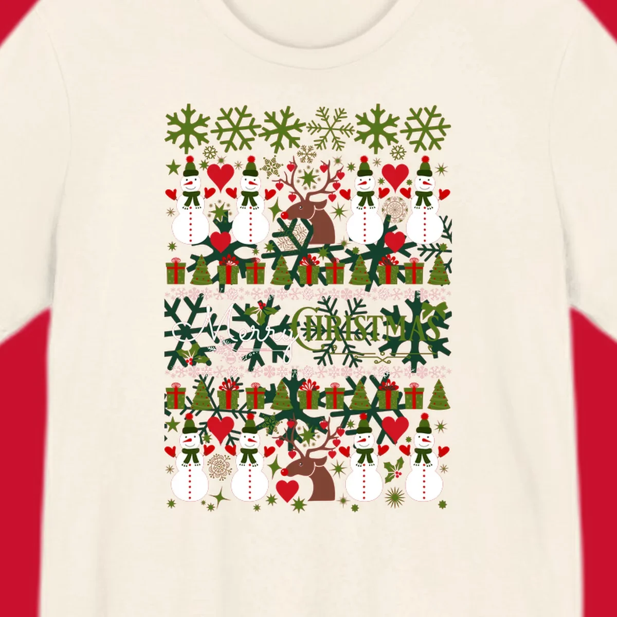 Ugly Christmas snowman and reindeer pattern with Merry Christmas text.