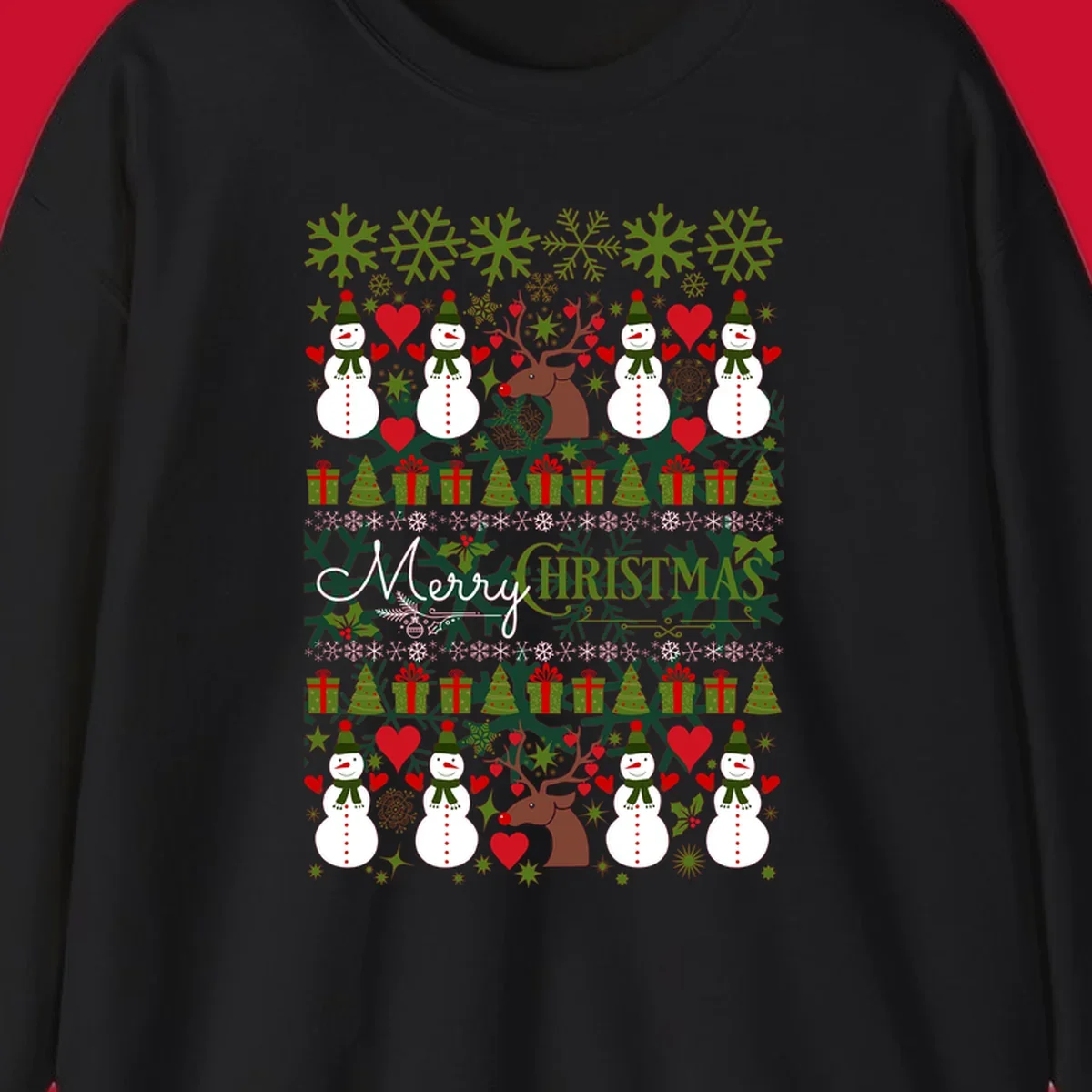 Ugly Christmas snowman and reindeer pattern with Merry Christmas text.