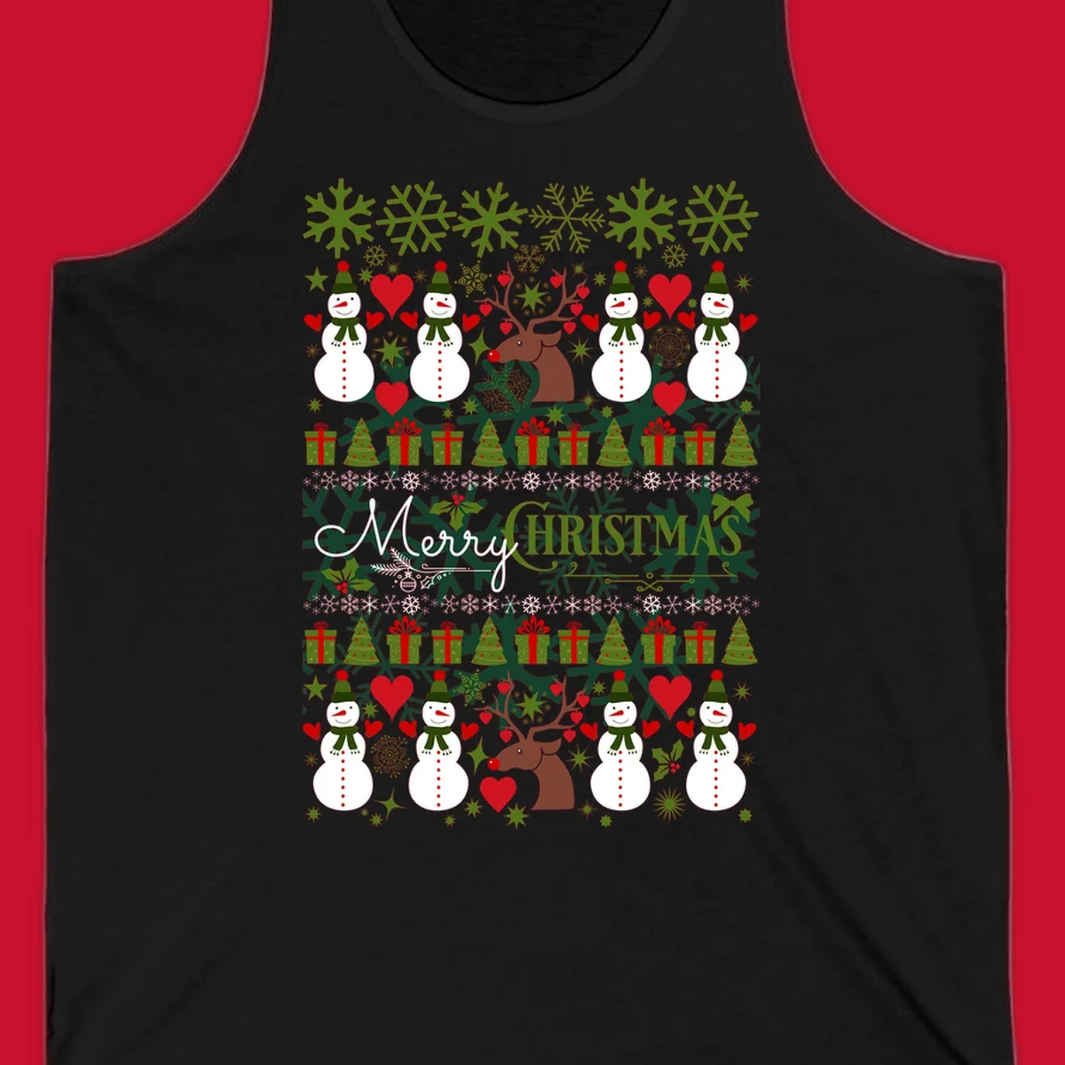 Ugly Christmas snowman and reindeer pattern with Merry Christmas text.