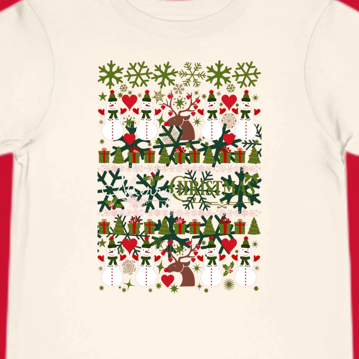 Ugly Christmas snowman and reindeer pattern with Merry Christmas text.