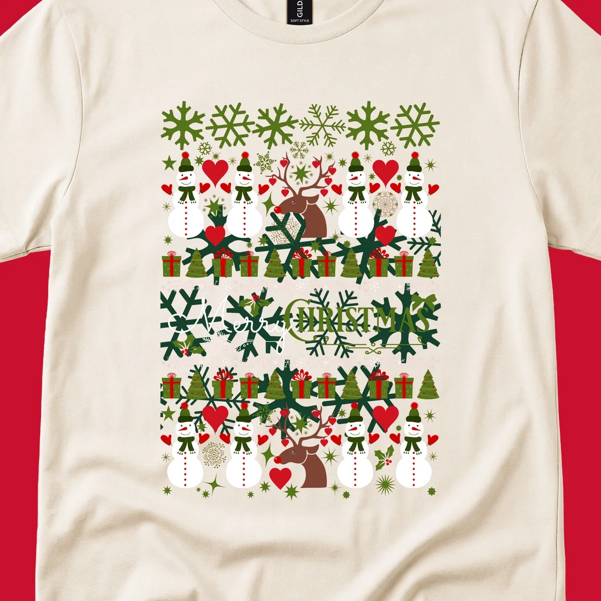 Ugly Christmas snowman and reindeer pattern with Merry Christmas text.