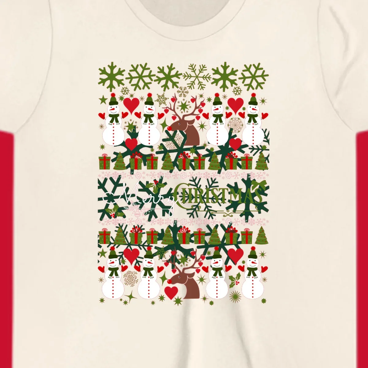 Ugly Christmas snowman and reindeer pattern with Merry Christmas text.
