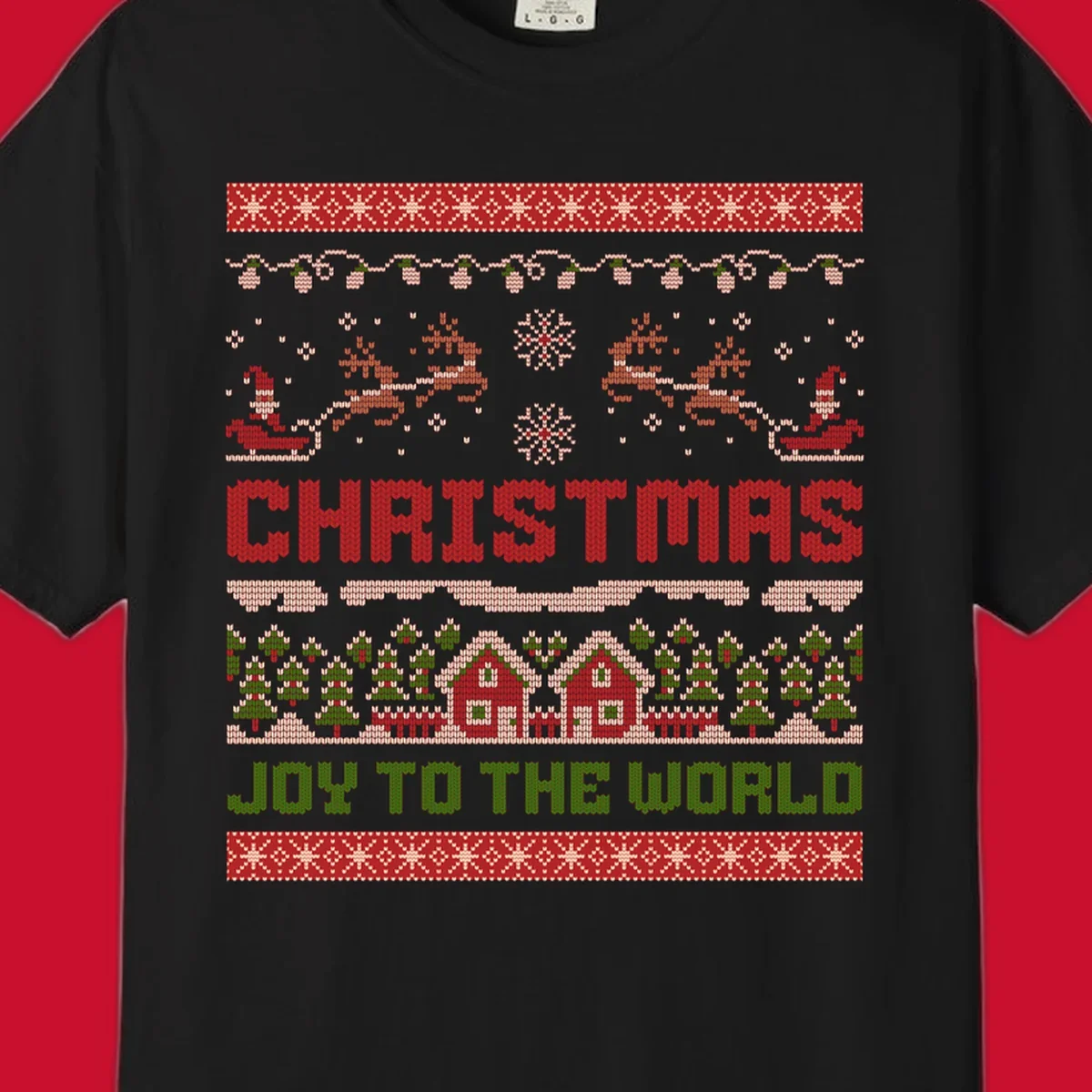Christmas Joy Ugly Sweater design with reindeer, trees, and text.