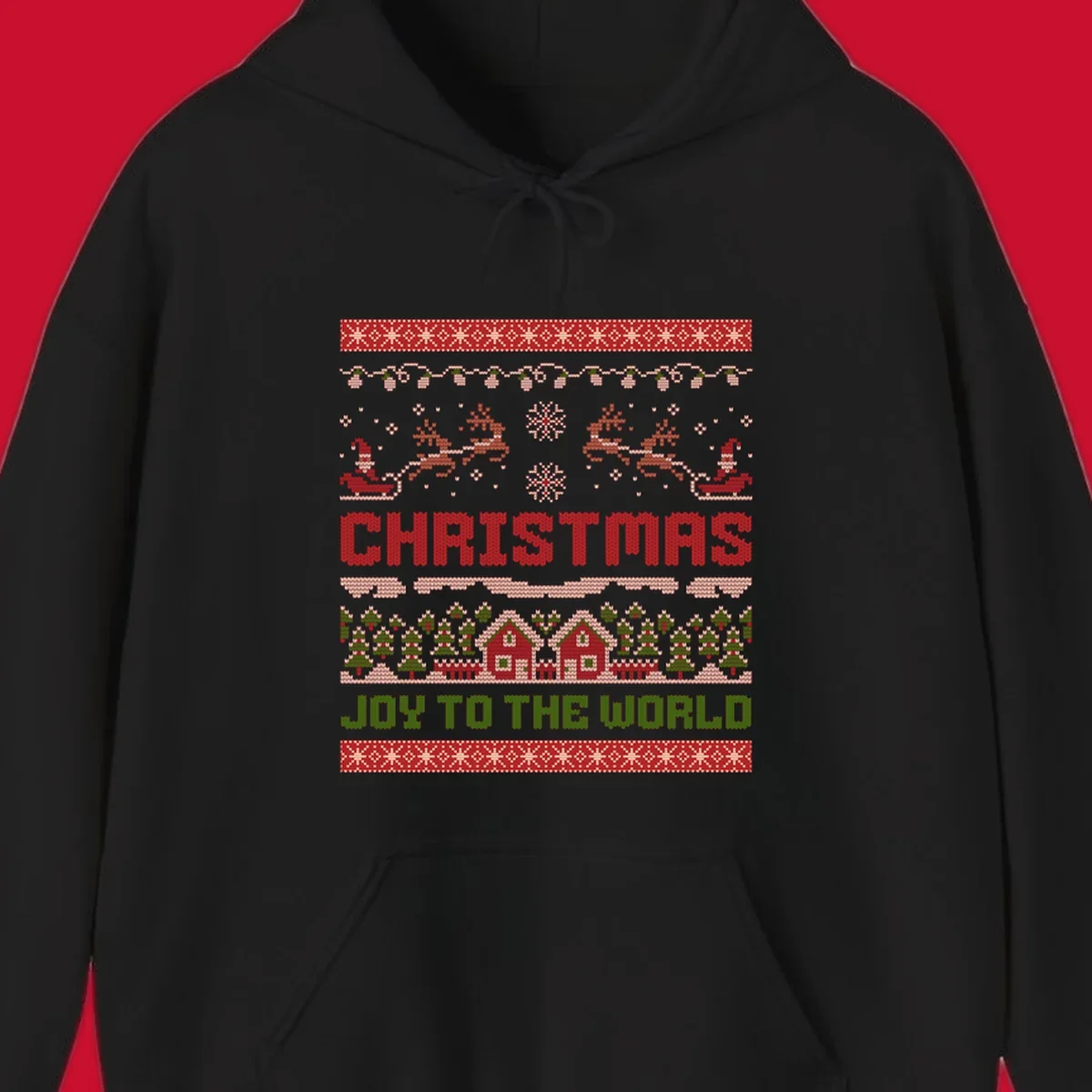 Christmas Joy Ugly Sweater design with reindeer, trees, and text.