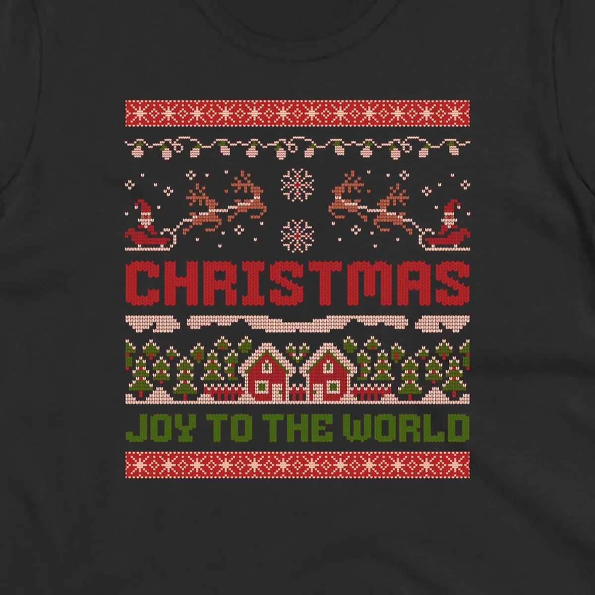 Christmas Joy Ugly Sweater design with reindeer, trees, and text.