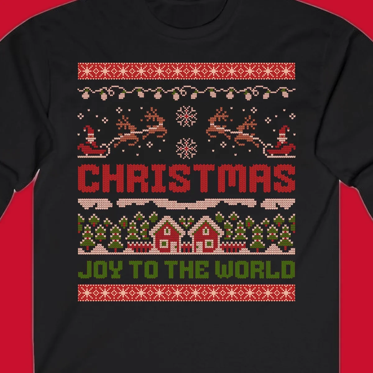 Christmas Joy Ugly Sweater design with reindeer, trees, and text.