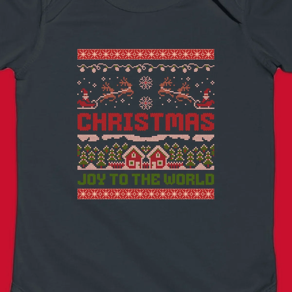 Christmas Joy Ugly Sweater design with reindeer, trees, and text.