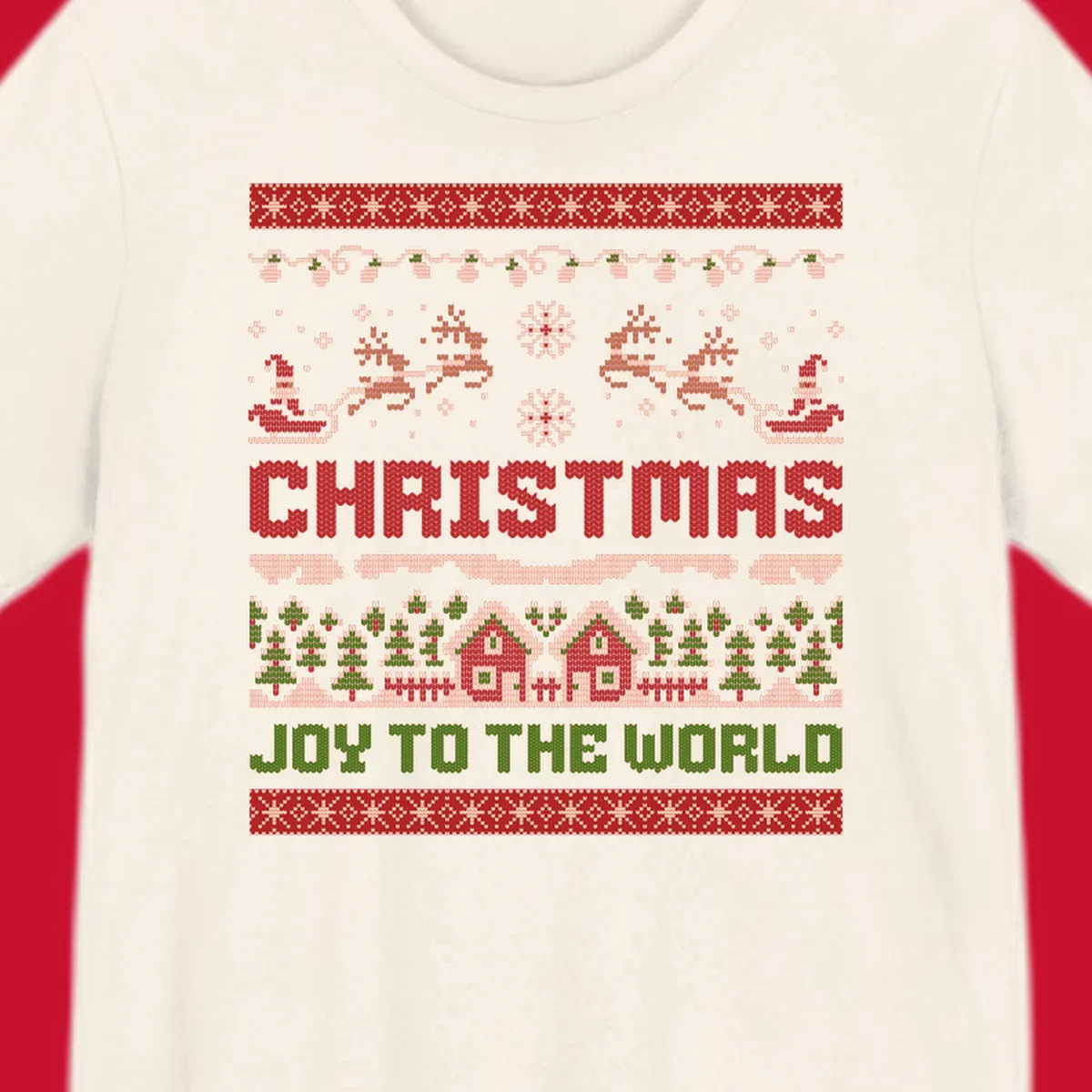 Christmas Joy Ugly Sweater design with reindeer, trees, and text.
