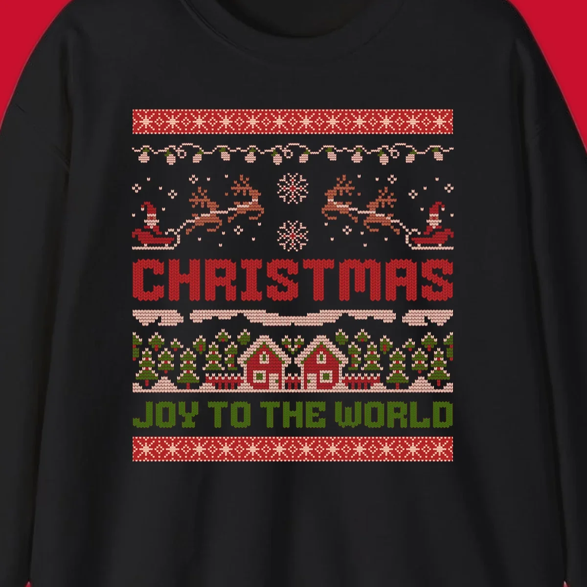 Christmas Joy Ugly Sweater design with reindeer, trees, and text.