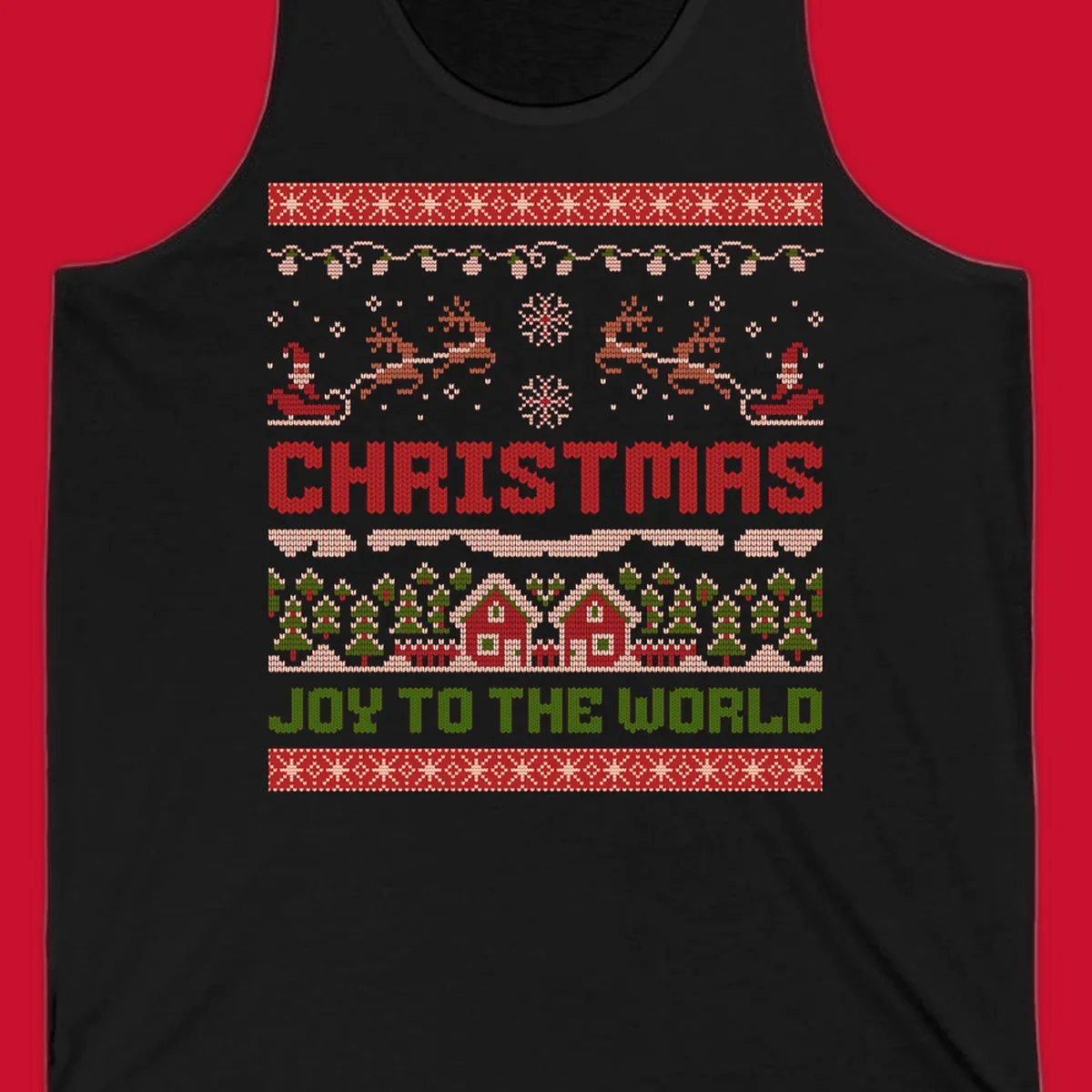 Christmas Joy Ugly Sweater design with reindeer, trees, and text.