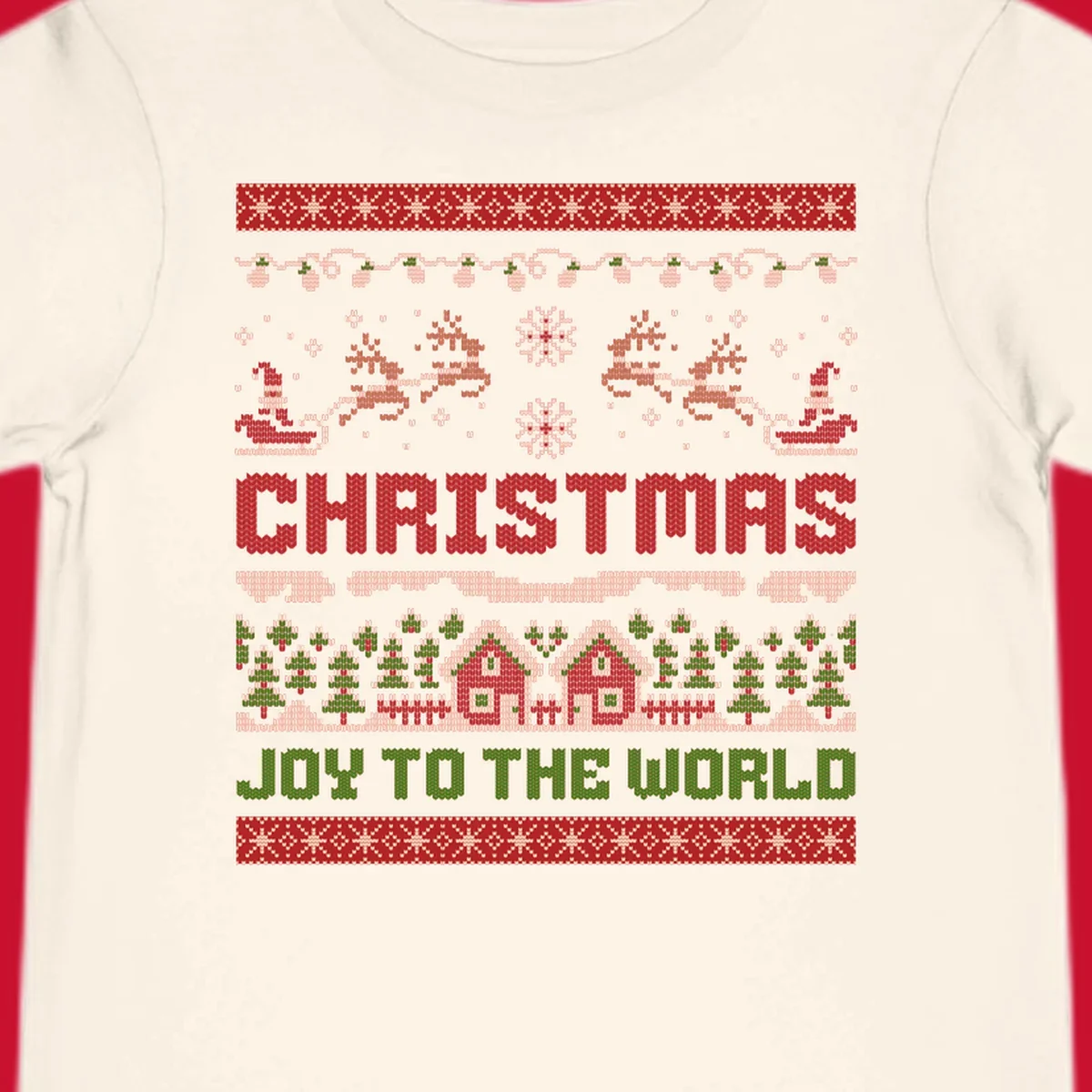 Christmas Joy Ugly Sweater design with reindeer, trees, and text.