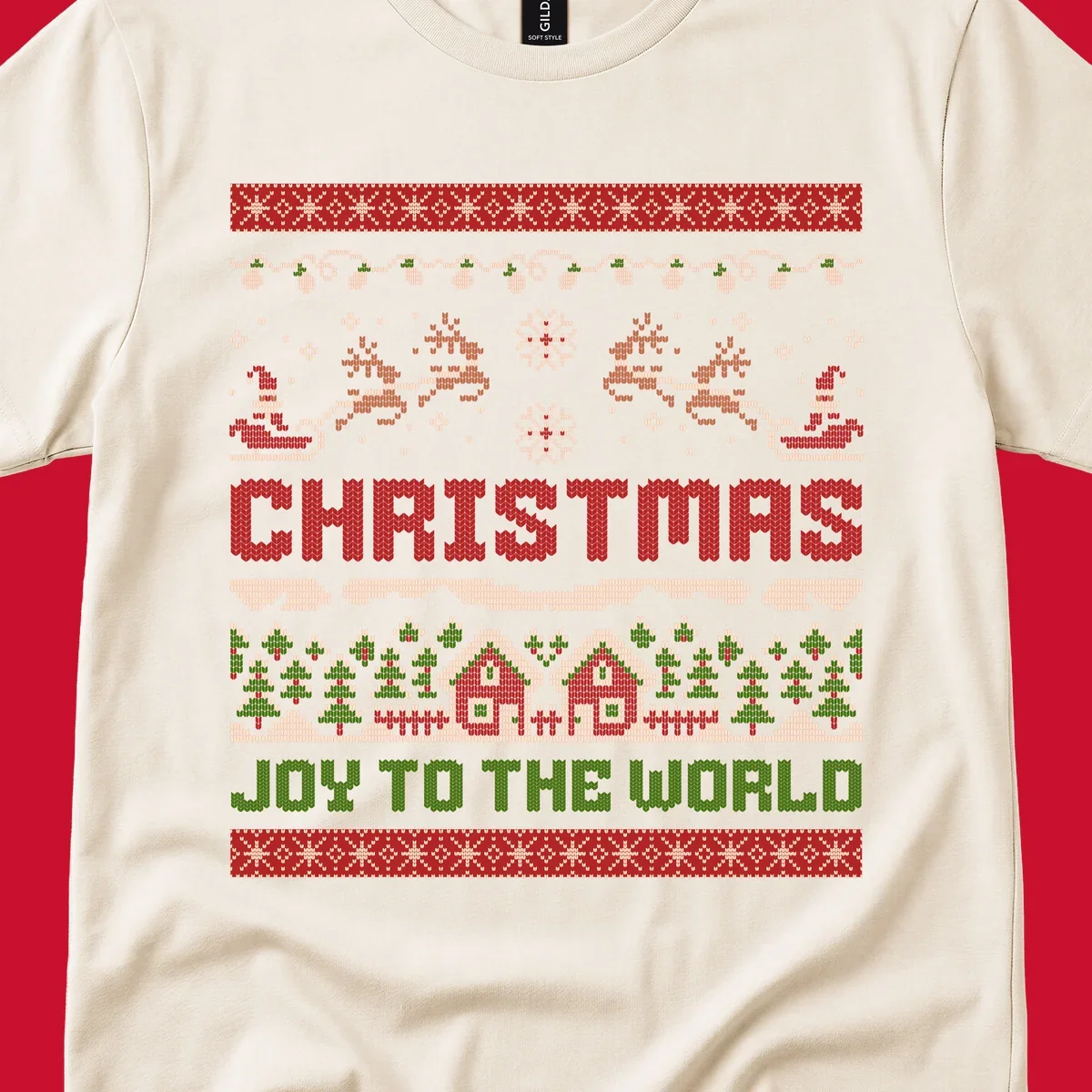 Christmas Joy Ugly Sweater design with reindeer, trees, and text.