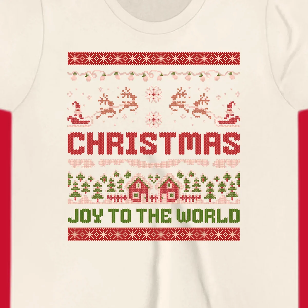 Christmas Joy Ugly Sweater design with reindeer, trees, and text.