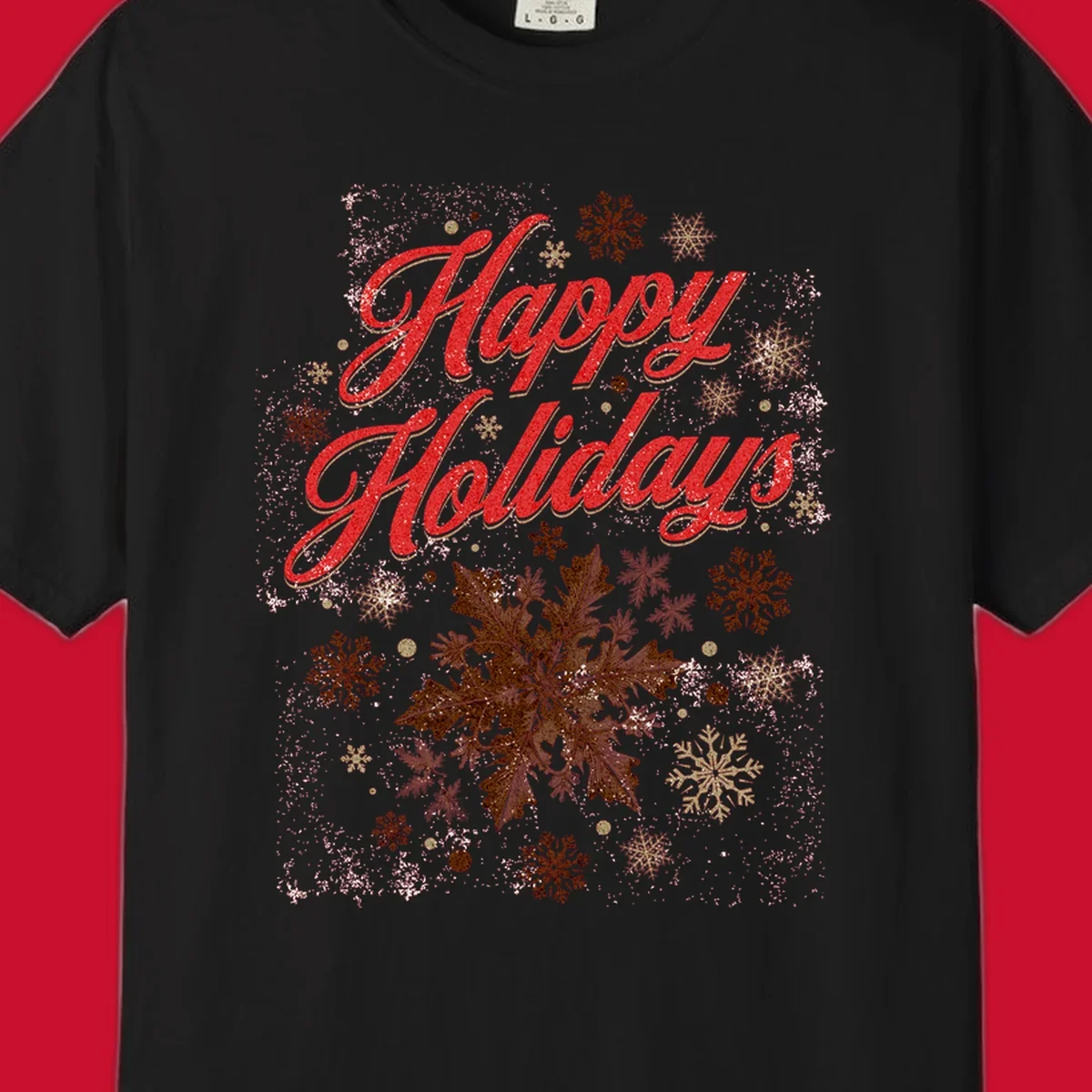 Happy Holidays glitter text with snowflake graphics. Loudest in the room.