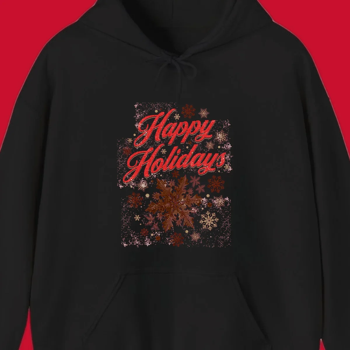 Happy Holidays glitter text with snowflake graphics. Loudest in the room.