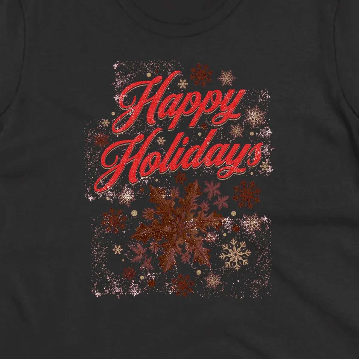Happy Holidays glitter text with snowflake graphics. Loudest in the room.