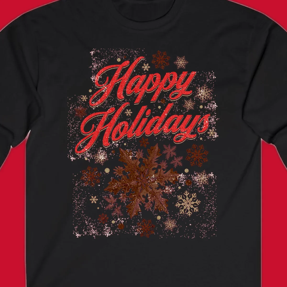 Happy Holidays glitter text with snowflake graphics. Loudest in the room.