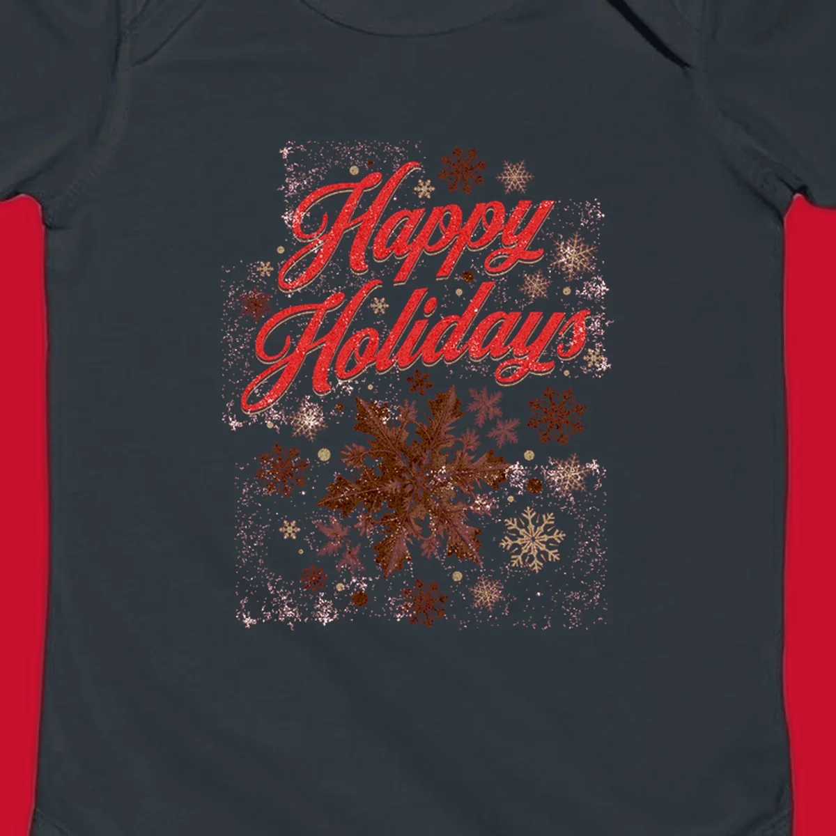 Happy Holidays glitter text with snowflake graphics. Loudest in the room.