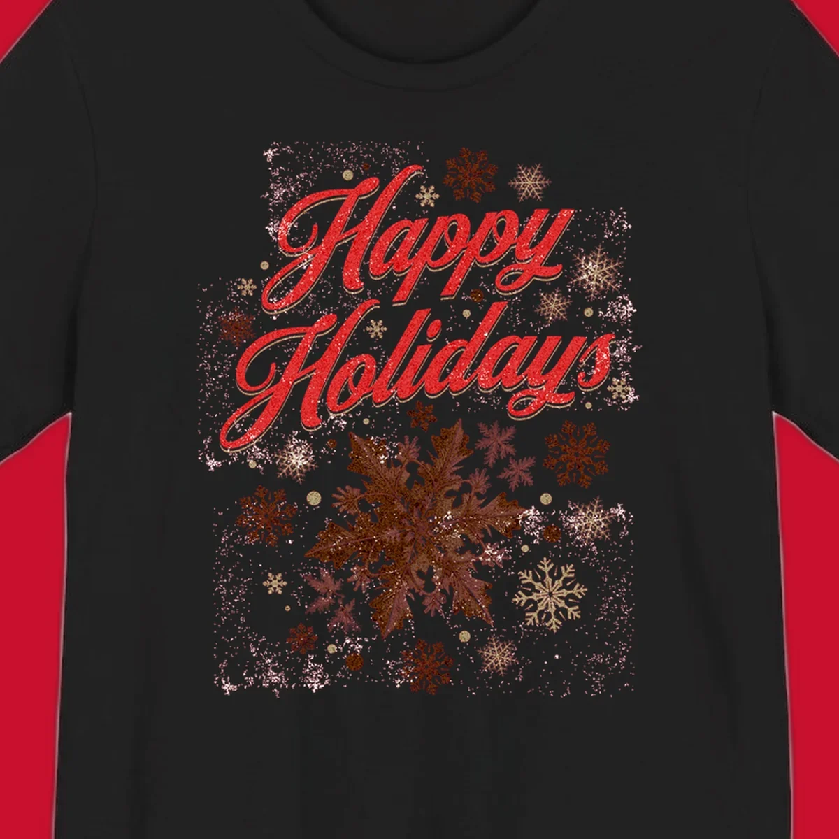 Happy Holidays glitter text with snowflake graphics. Loudest in the room.