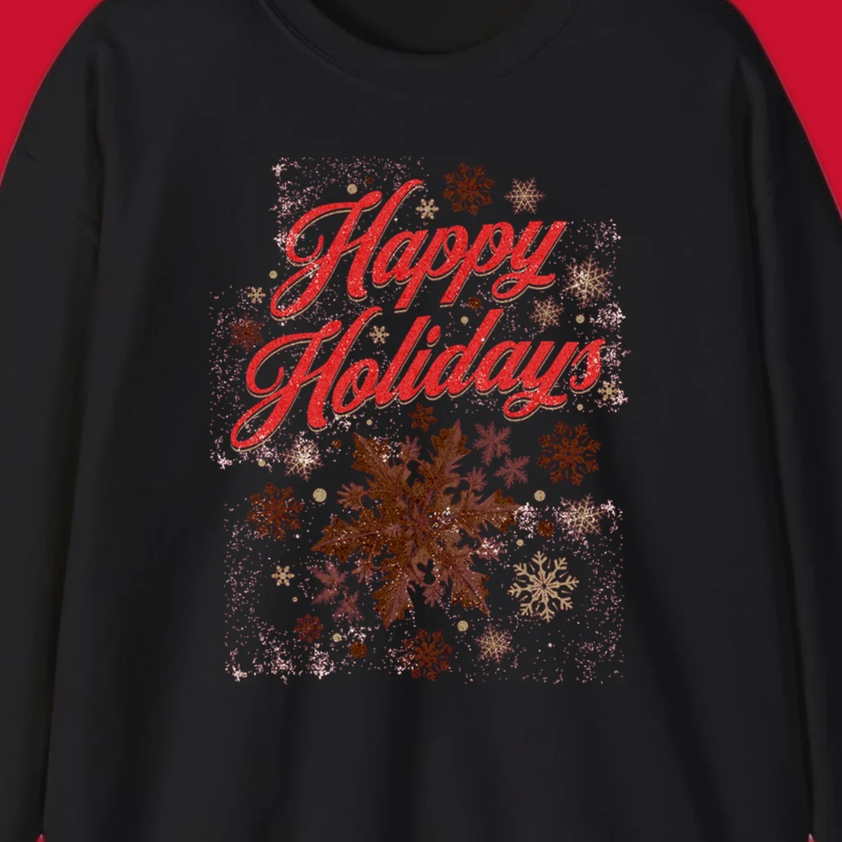 Happy Holidays glitter text with snowflake graphics. Loudest in the room.