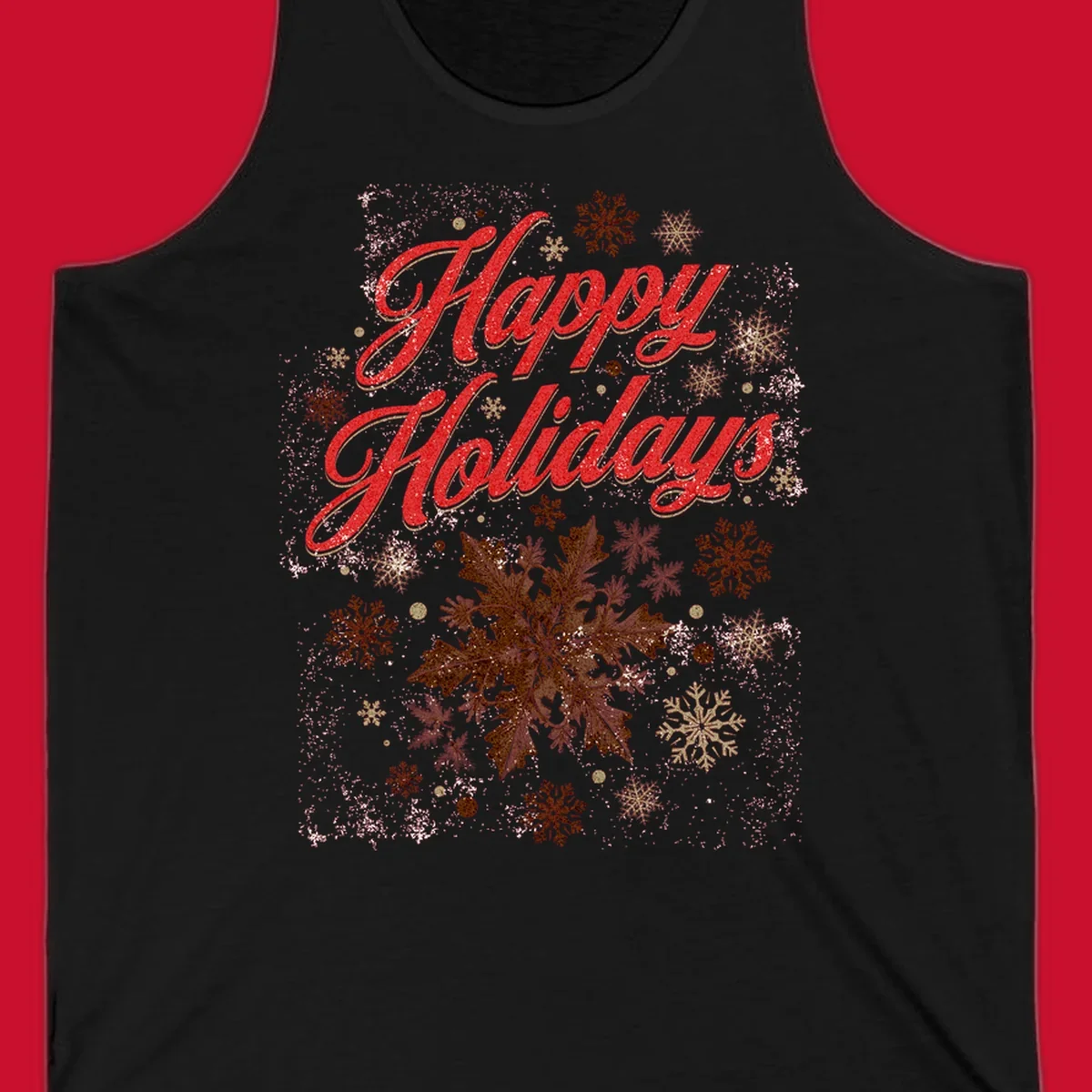 Happy Holidays glitter text with snowflake graphics. Loudest in the room.
