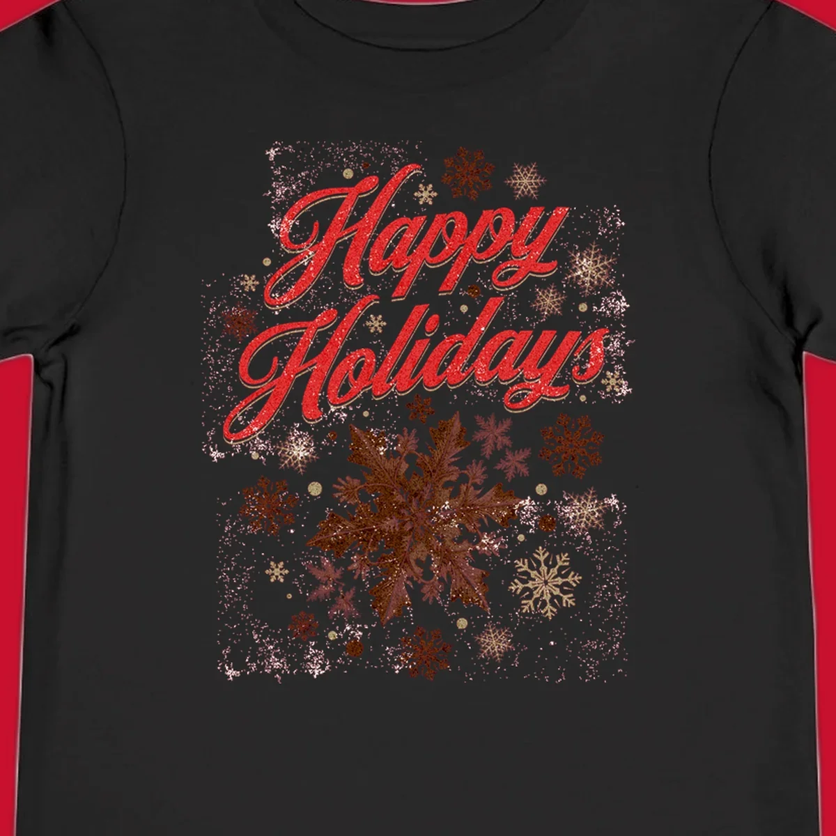 Happy Holidays glitter text with snowflake graphics. Loudest in the room.