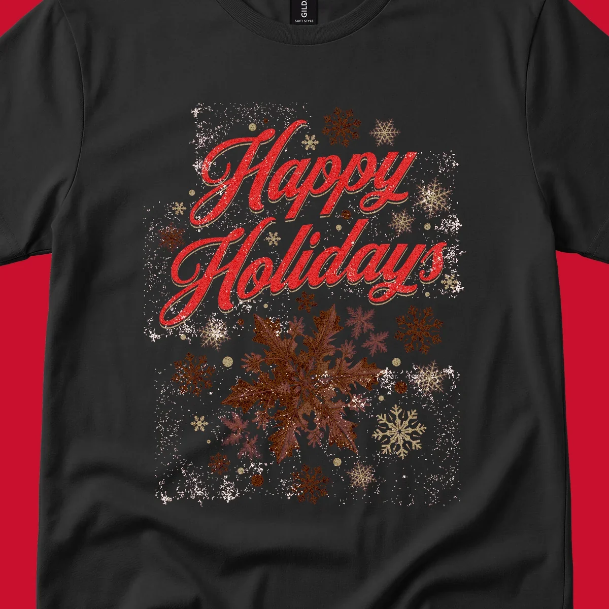 Happy Holidays glitter text with snowflake graphics. Loudest in the room.