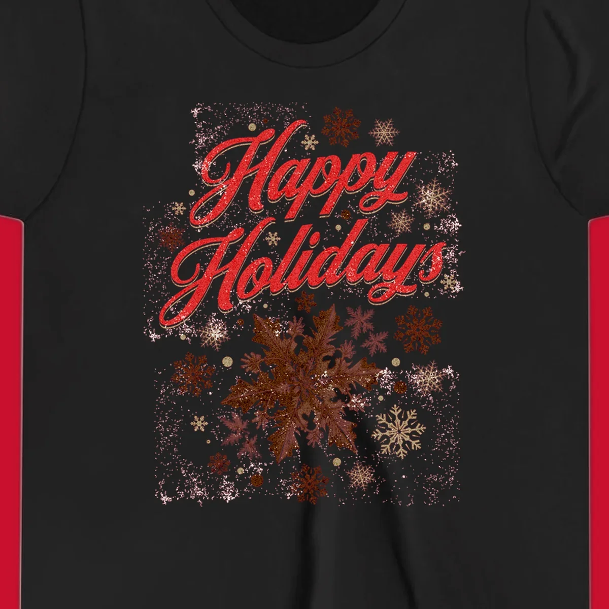 Happy Holidays glitter text with snowflake graphics. Loudest in the room.