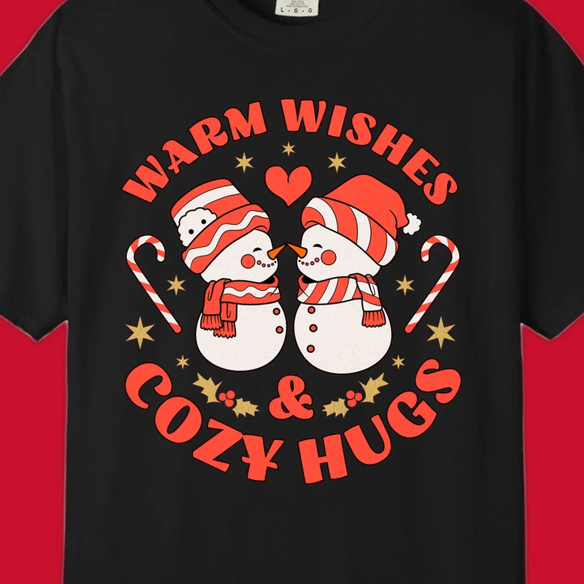 Snowmen kissing with holiday text, candy canes, and stars for a Christmas design.