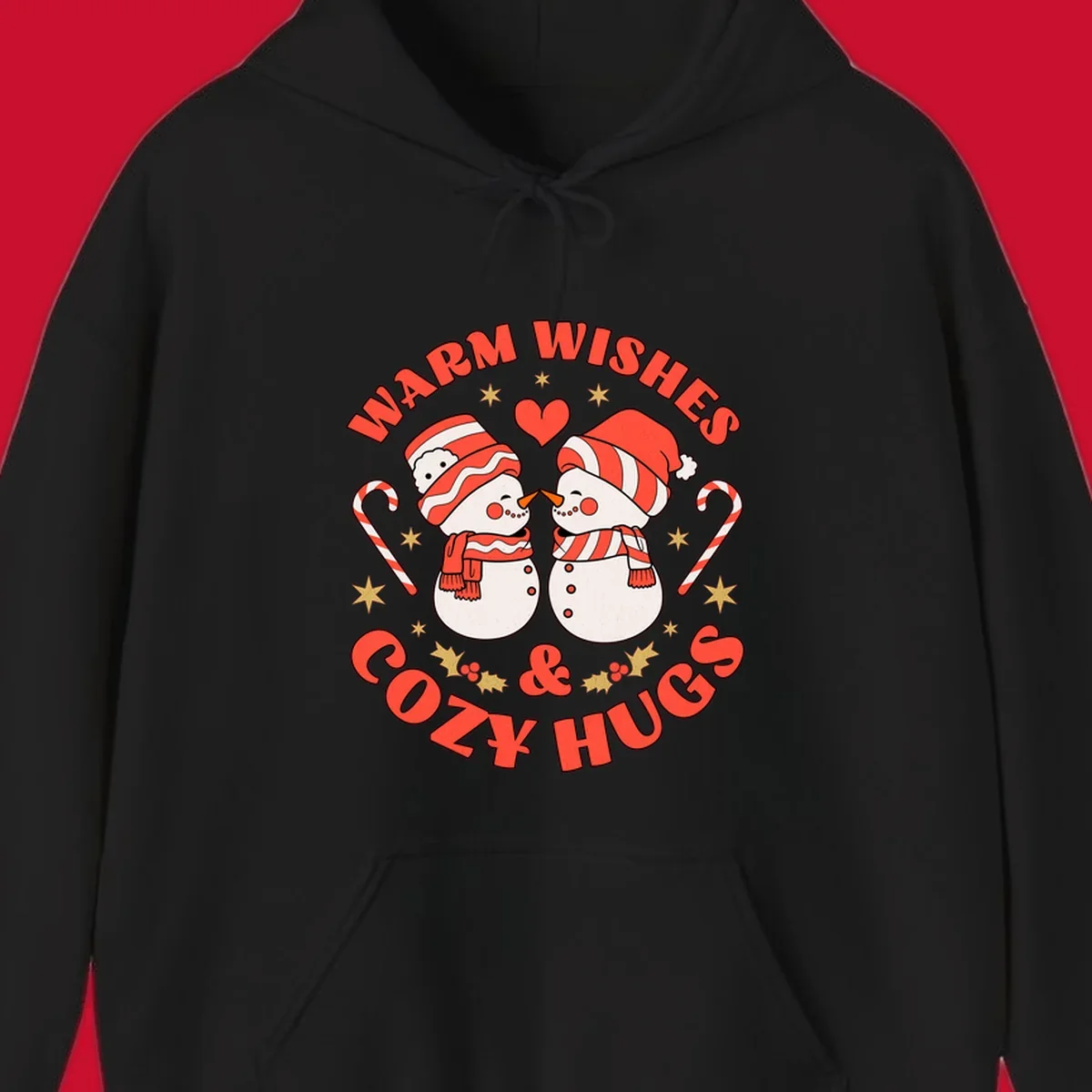 Snowmen kissing with holiday text, candy canes, and stars for a Christmas design.