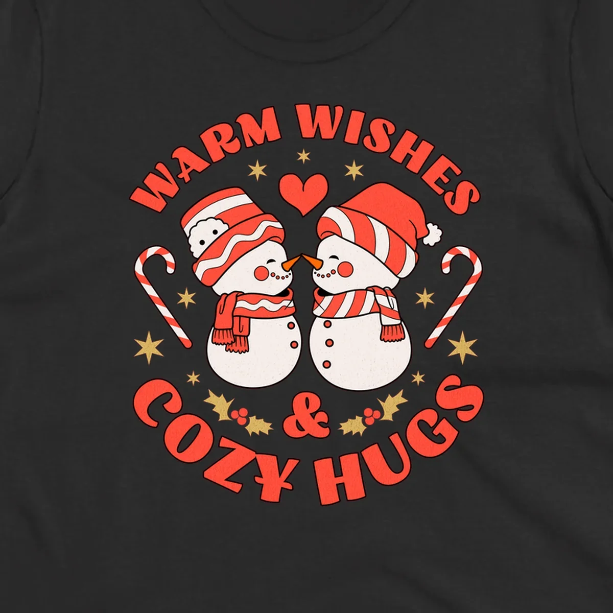 Snowmen kissing with holiday text, candy canes, and stars for a Christmas design.