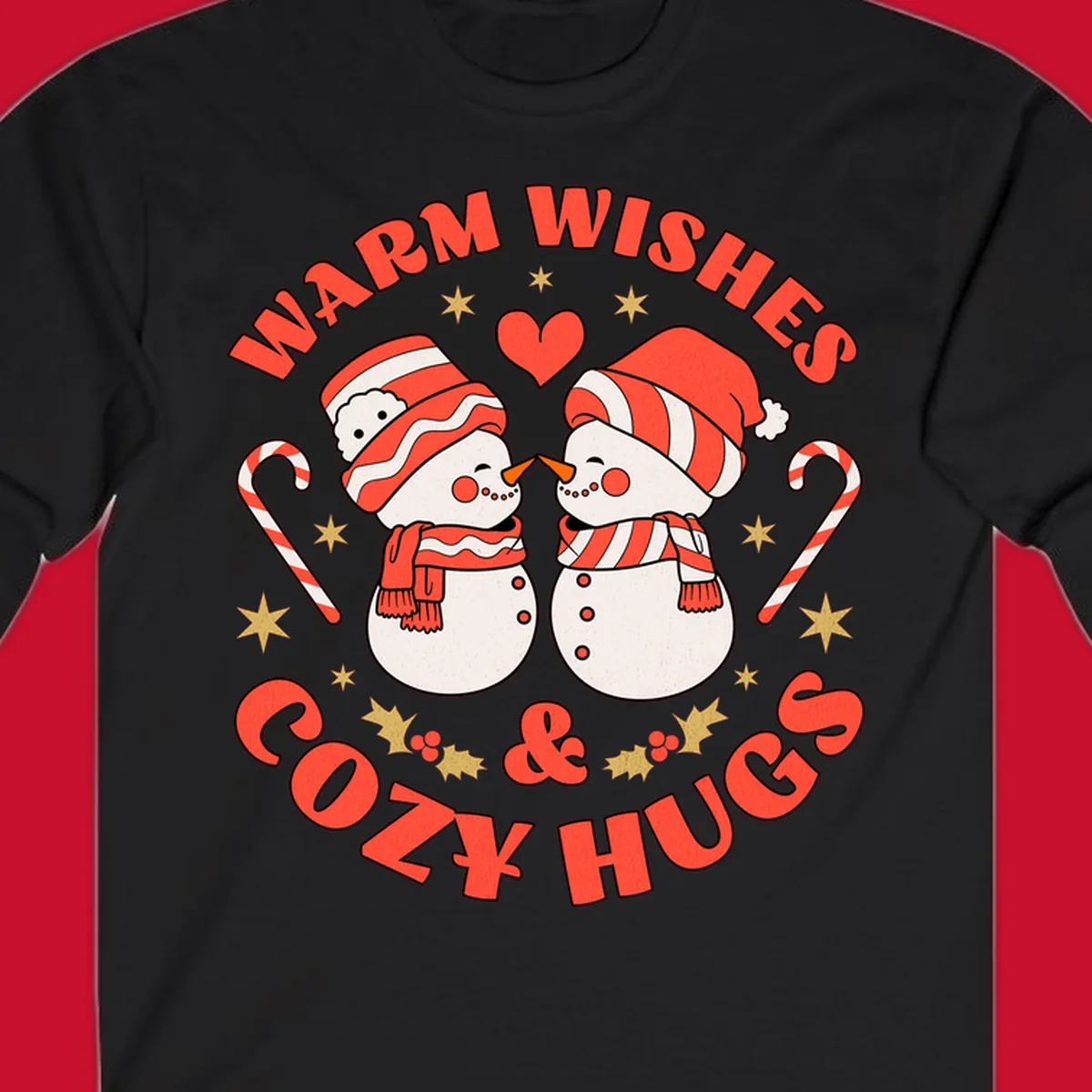 Snowmen kissing with holiday text, candy canes, and stars for a Christmas design.