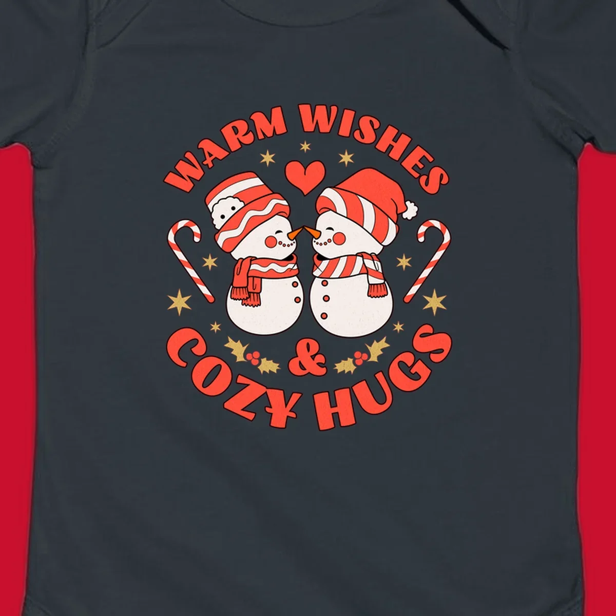 Snowmen kissing with holiday text, candy canes, and stars for a Christmas design.