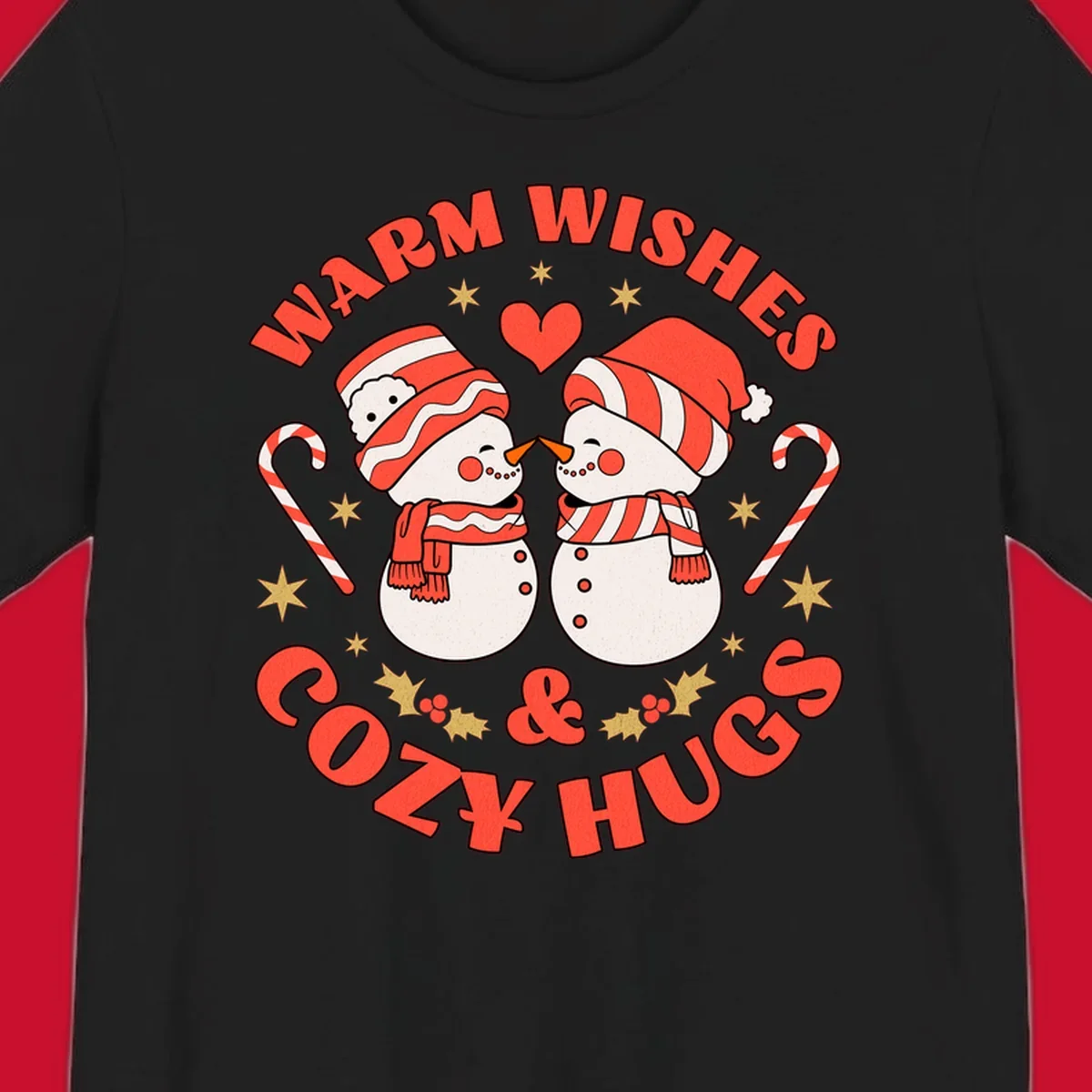 Snowmen kissing with holiday text, candy canes, and stars for a Christmas design.